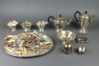 A silver plated 4 piece pedestal tea and coffee set, minor plated items 