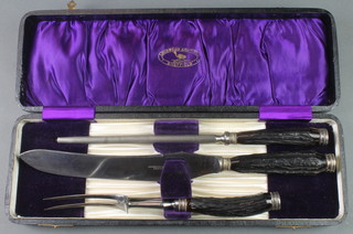 An Edwardian cased horn handled carving set with plated terminals 