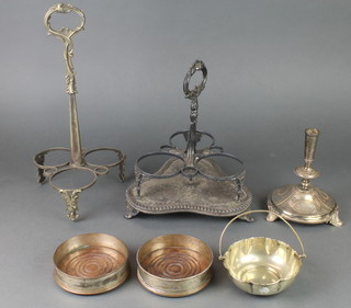 A silver plated 3 bottle decanter stand and minor plated items 