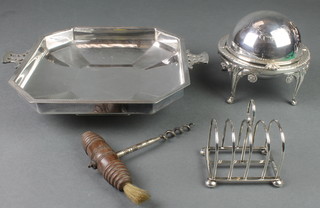 An Art Deco style silver plated 2 handled octagonal bowl 10", a butter dish, toast rack and corkscrew 