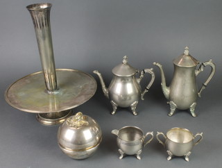 A silver plated 4 piece tea and coffee set on scroll legs, epergne and a lidded box 