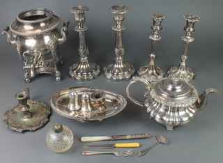 A Victorian silver plated bulbous teapot and minor plated items