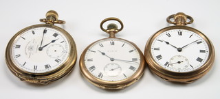 A gold plated Elgin mechanical pocket watch with seconds at 6 o'clock, 1 other and a hunter ditto 