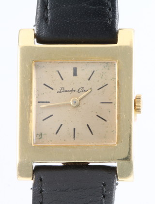 A gentleman's 1970s Bueche-Girod 18ct gold square cased wristwatch on a leather strap 