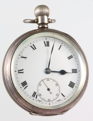A silver cased mechanical pocket watch with seconds at 6 o'clock