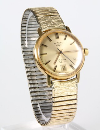 A gentleman's gold plated Rotary automatic calendar wristwatch on a gilt metal bracelet, boxed 