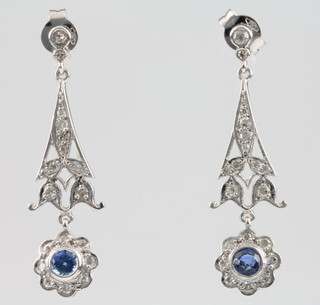 A pair of 18ct white gold sapphire and diamond drop open earrings 