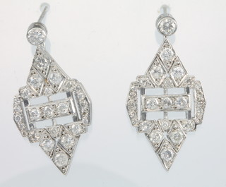 A pair of 18ct white gold diamond set Art Deco style drop earrings, approx 2ct 