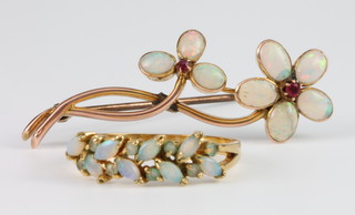 An Edwardian gold opal and ruby set floral bar brooch, a gem set ring size S 1/2
