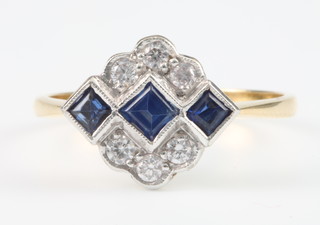 An 18ct yellow gold sapphire and diamond Art Deco style ring comprising 3 square cut sapphires and 6 brilliant cut diamonds, size P