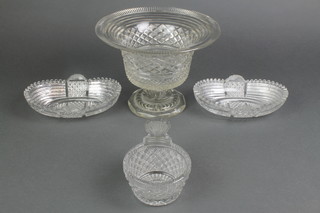 A 19th Century cut glass pedestal bowl with flared neck 6 1/4", a pair of 19th Century boat shaped cut glass dishes 7 1/2" and a ditto cut glass bowl with shell thumb piece 4 1/2" 