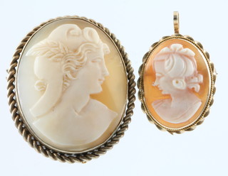 A 9ct gold portrait cameo brooch, a gilt ditto