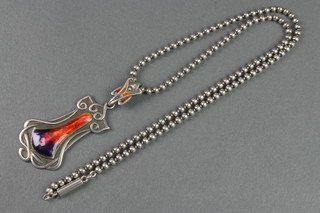 A Continental silver and enamelled drop pendant on a silver chain