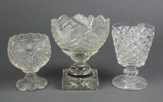 A 19th Century cut glass pedestal bowl 7", a small ditto 5" and a goblet 5 1/2" 