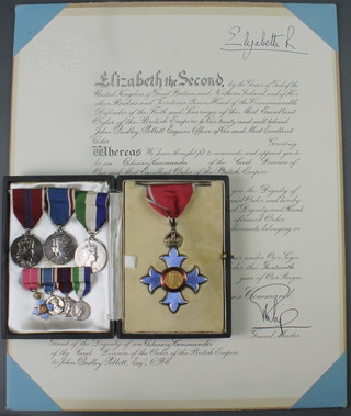A George V CBE Neck Badge second type,cased, Coronation 1937,boxed, Coronation 1953,boxed, Sierra Leone Independence Medal together with miniatures and a lady's 1953 Coronation medal,boxed, with associated letters patent and a ditto from the President of the Republic of Sierra Leone  to John Dudley Pollett and Remembrance Service Programme to the recipient 