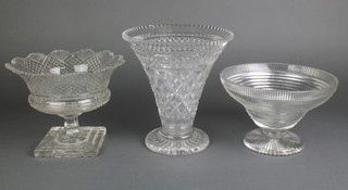 A 19th Century pedestal bowl with flared neck and scroll base 7", a stepped ditto 7" and a flared vase 10" 