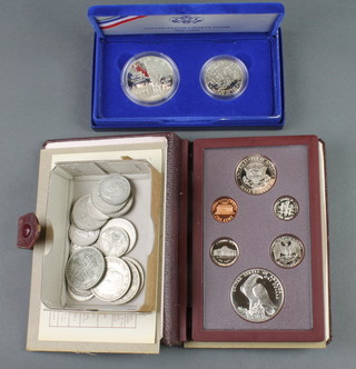 United States Liberty coins 1886/1986 cased, a 1984 Olympic Prestige coin set, minor pre 47 coins (146 grams) 