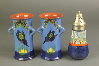 A Newport pottery Art Deco sugar shaker with garden scene and plated mount 7", a pair of Torquay ware vases 7" 