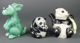 A Sylvac style figure of a crouching terrier 7 1/2", a Beswick panda teapot and a Wade panda money bank 