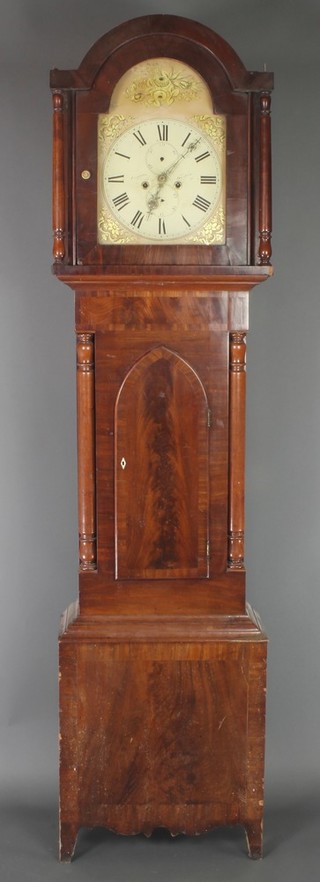 Cruddas of Durham, an 18th Century 8 day striking longcase clock with 13" arched dial, calendar dial and subsidiary second hand, striking on a bell, contained in a mahogany case 87"