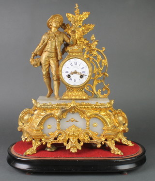 Henry Her, a 19th Century French 8 day striking clock with enamelled dial and Roman numerals contained in a gilt spelter case, surmounted by a figure of a young boy, complete with glass dome 