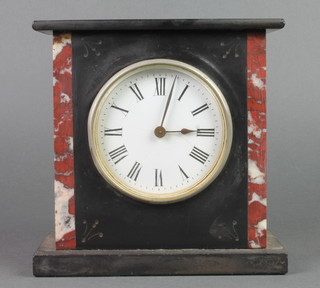 A French timepiece with enamelled dial and Roman numerals contained in a 2 colour marble case 