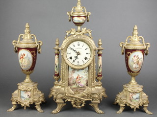 A 20th Century 8 day 3 piece clock garniture contained in a "porcelain" and gilt metal case comprising striking mantel clock with 2 side pieces decorated romantic scenes