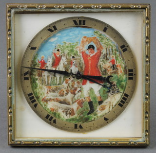 An 8 day Swiss bedroom timepiece contained in a metal easel frame, the dial decorated a hunting scene