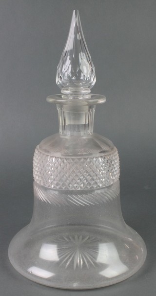 A 19th Century cut glass bell shaped decanter with faceted tapered stopper 16" 