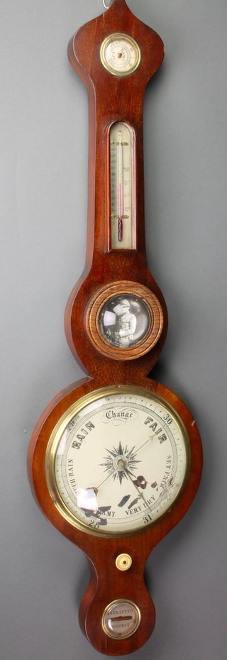 A 19th Century mercury wheel barometer and thermometer contained in a mahogany case with damp/dry dial and spirit level, the centre decorated a black and white portrait photograph of Winston Churchill 
