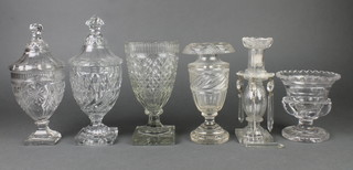 A 19th Century cut glass pedestal vase on square base 8" and 5 other items of glassware