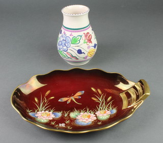 A Carltonware lustre dish, the red ground decorated with a dragonfly amongst flowers 12", a Poole baluster vase decorated with flowers 6" 