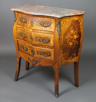 A 19th/20th Century French Kingwood and marquetry commode of serpentine outline with grey veined marble top and gilt metal mounts, fitted 3 long drawers, raised on cabriole supports 33"h x 31 1/2"w x 15"d 