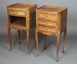 A French oak bedside chests of serpentine outline with three-quarter gallery fitted 3 long drawers, raised on cabriole supports together with a similar oak bedside chest fitted a drawer above recess, raised on cabriole supports 28 1/2"h x 14"w x 12"d 
