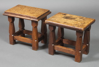 A matched pair of rectangular oak stools, raised on 4 square chamfered legs with box stretcher 12"h x 13"w x 10"d