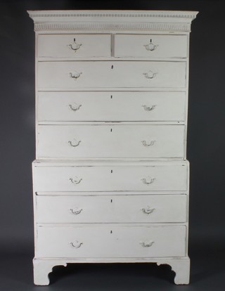 A Georgian white painted oak chest on chest with moulded and dentil cornice, fitted 2 short and 3 long drawers, the base fitted 2 long drawers, raised on bracket feet 74"h x 44"w x 22"d 