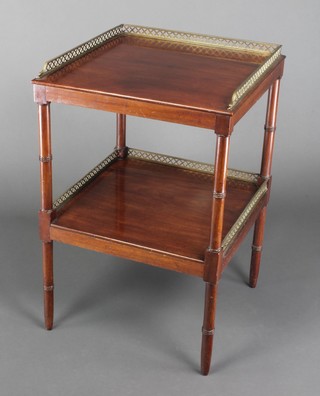 A 19th Century Continental rectangular mahogany 2 tier etagere with pierced brass three-quarter gallery 28"h x 18"w x 18"d 