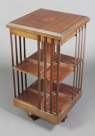 An Edwardian style square inlaid mahogany 2 tier revolving bookcase, the top inlaid satinwood stringing 34"h x 18"w x 18"d 