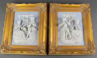 A pair of modern Meissen style 2 colour bisque panels with fete gallant scenes in gilt frames 14" x 11" 