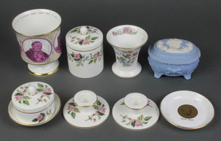 A Wedgwood Hathaway rose box and cover, minor decorative china including a boxed Coalport goblet 