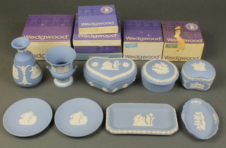 A Wedgwood blue Jasperware heart shaped box and 12 other items of modern Jasperware 