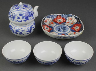 An Imari scalloped square shaped dish 6", a Japanese 2 section Saki pot and stand, 3 bowls 