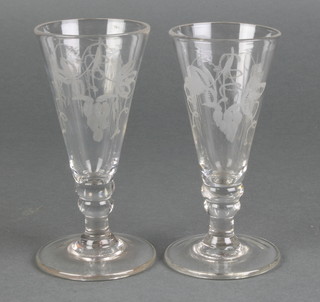 A pair of 19th Century tapered cordials with etched vinous decoration 5 1/2" 