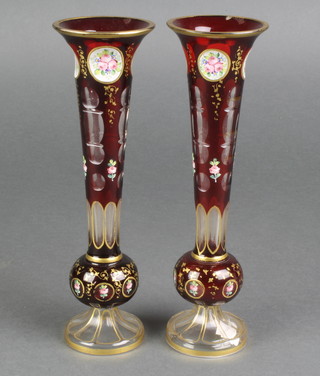 A pair of 19th Century Bohemian overlay glass tapered vases with panels of spring flowers and gilt decoration 8 1/2" 