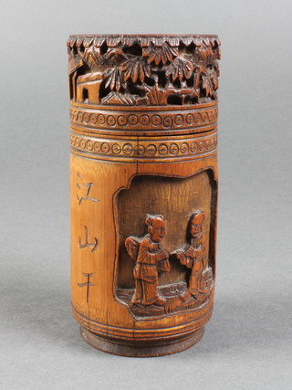 A Cantonese carved bamboo box decorated with attendants and ho ho, signed 5 1/2" diam. 