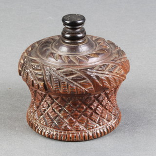 A Victorian turned walnut trinket box in the form of a waisted basket 3" (slight crack to the base) 