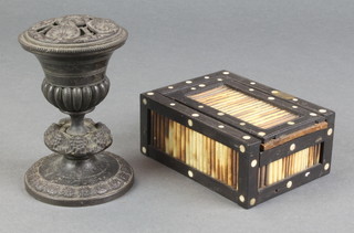 A Regency bronze sander of urn form with pierced grill 4" together with a quill box 1 1/2"h x 4"w x 3"d 