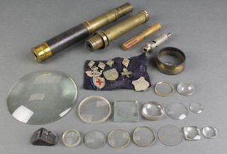 2 19th Century pocket telescopes (f), various lenses, brass gun oil can, a Police whistle and various boy's brigade badges 
