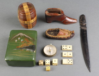 A Victorian treen puzzle in the form of a barrel 2 1/2", Victorian treen snuff box in the form of a lady's shoe 4" (lid f), a green lacquered box containing a collection of playing cards 1" x 3 1/2" x 2 1/2" and a small collection of other curios 
