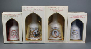4 ceramic Wade decanters containing 250cl of Bells Whisky to commemorate the 1986 60th Birthday of HM The Queen, the wedding of HRH Prince Andrew and Sarah Ferguson, the 1982 birth of Prince William and 1984 birth of Prince Henry,  boxed 
